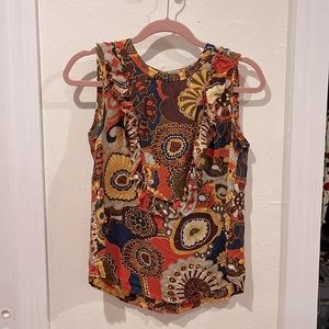 J Crew Sleveless Silk Orange, Navy, Mustard and Brown Top